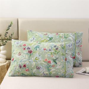 URBONUR 100% Cotton Pillowcases Set of 2 King Size Floral Printed Butterfly Pillow Cases Soft Breathable Cooling Pillowcase Decorative Pillow Cover (King, 20x36 Inches, Green Flowers)