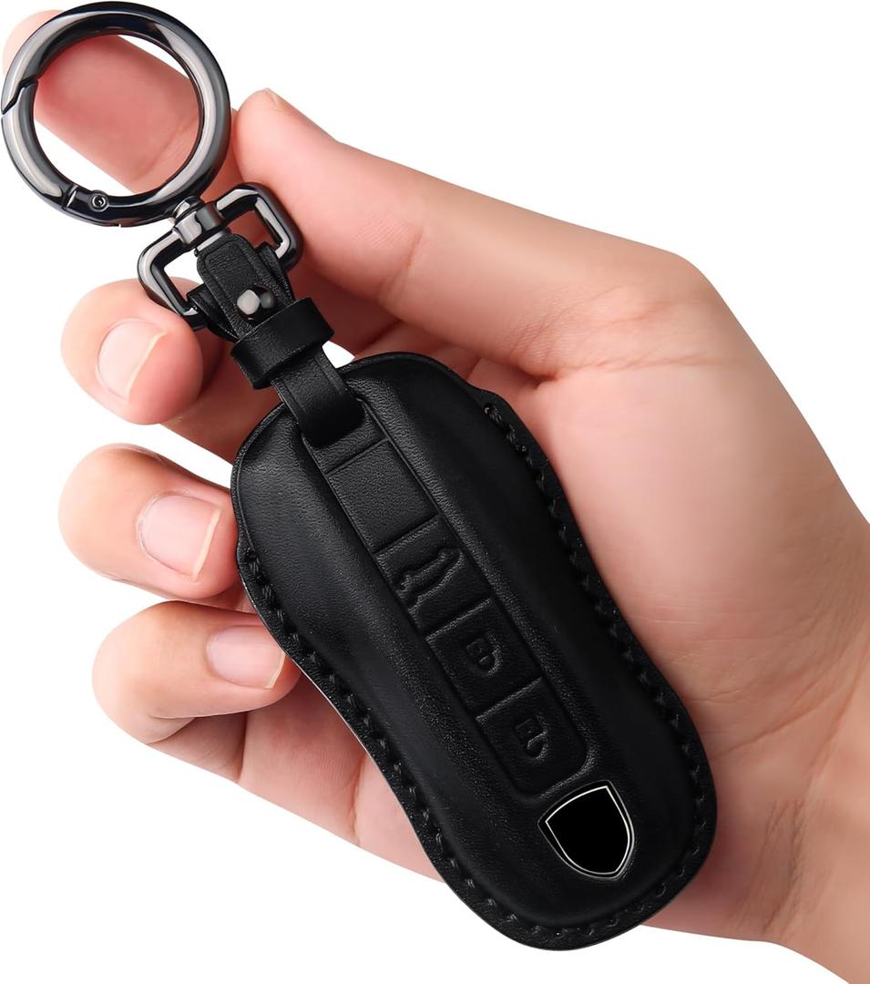 Tukellen for Porsche Leather Key Fob Cover with Keychain Key Shell Compatible with 2020-2023 Panamera, Cayenne, Macan, 918-Black