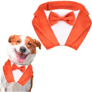 PTDECOR Fall Dog Tuxedo Bandana, Orange Collar with Bowtie, Adjustable Halloween Thanksgiving Dog Tux Costume for Large Pets(Large)
