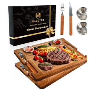Acacia Wooden Steak Plates Board for Eating Set of 2,15.7" Meat Cutting Boards for Steak Food Serving Tray with Fork, Knife & Ramekins,Charcuterie Platter for Kitchen, BBQ & Entertaining