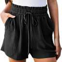 Hody Lovy Linen Beach Vacation Shorts for Women Dressy Casual Summer Outfits High Waisted Lounge Comfy Wide Leg Loose (Large, Black)