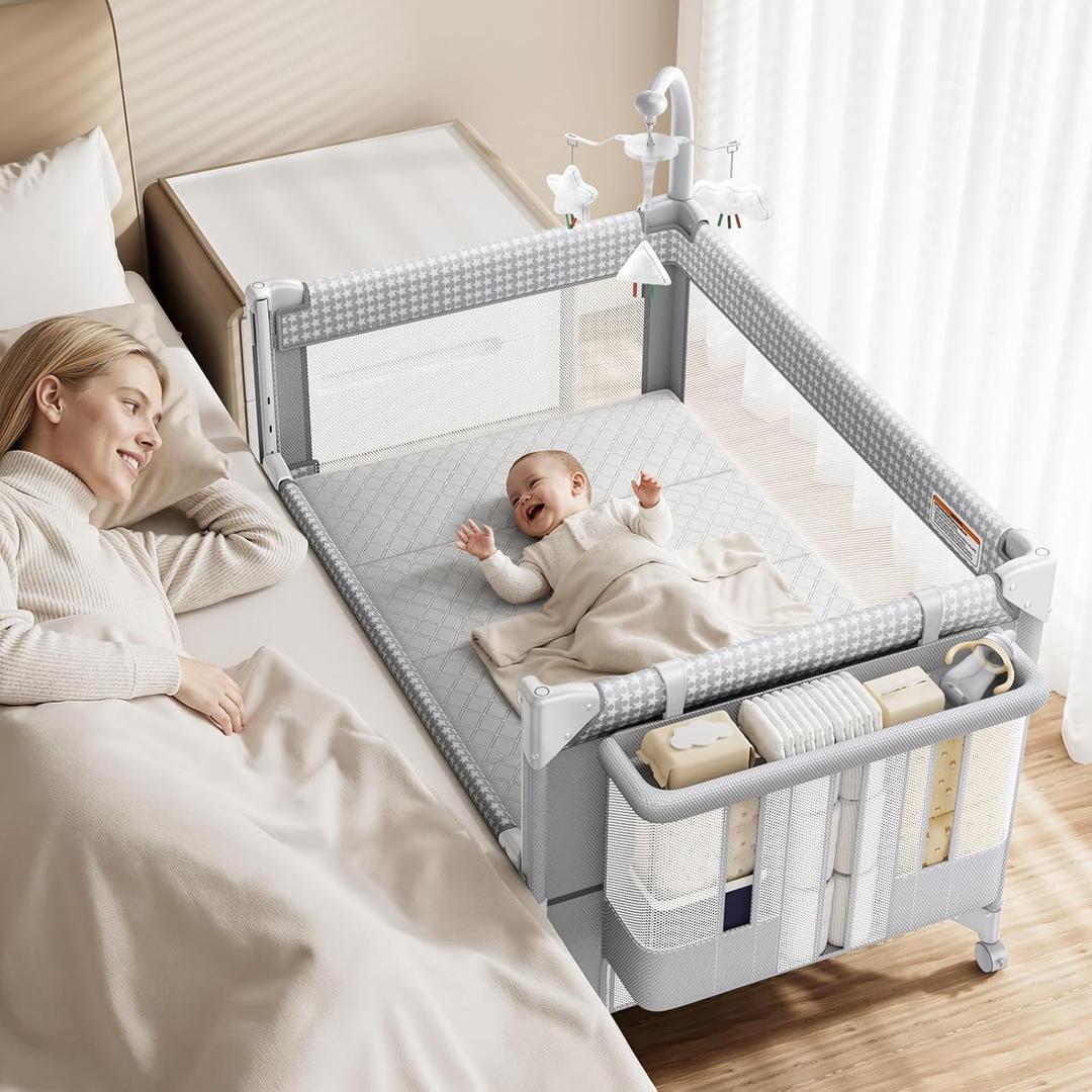 GAIVE 4 in 1 Baby Bassinet, One-Push Setup Pack and Play, Bedside Crib Sleeper with 3 Height AdjustableDiaper Changer, Come with Comfy Mattress, Rotating Toy Bar, from Infants to Toddlers (Grey)