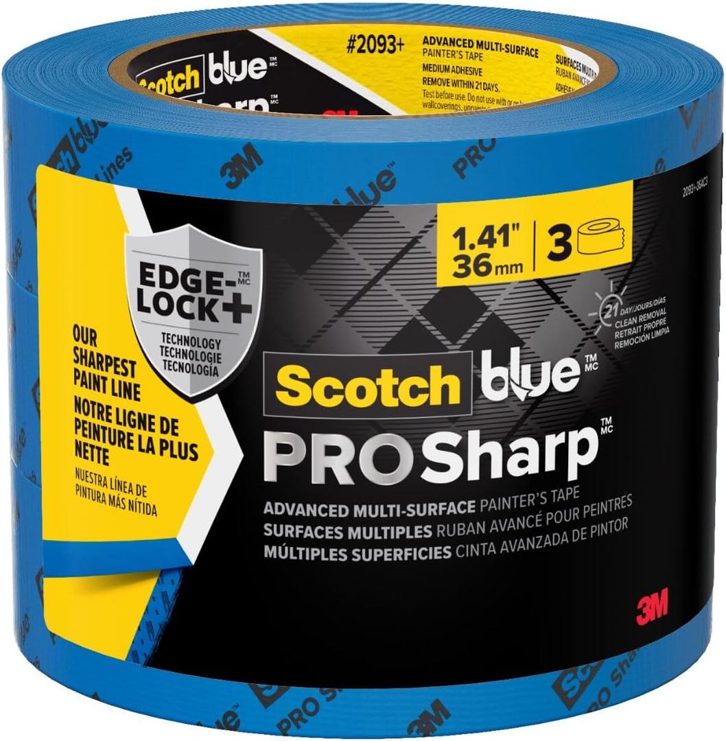 ScotchBlue PROSharp Painter's Tape 1.5 Inch Wide (1.41 in x 60 yd) 3 Rolls Blue Tape Protects Surfaces and Removes Easily, Edge-Lock Tape for Indoor and Outdoor Use (2093+-36AC3)