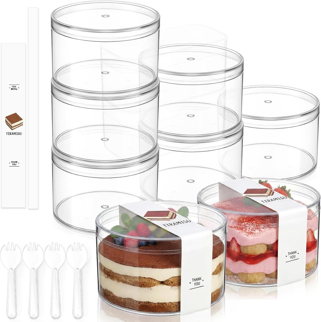 Blushtier 25 Pack Dessert Cups with Lids and Sporks Stickers, Clear Reusable Tiramisu Containers Parfait Cups for Cookie, Macaron, Pudding, Mousse, Fruit (3.94 x 2.36 Inch,Round)