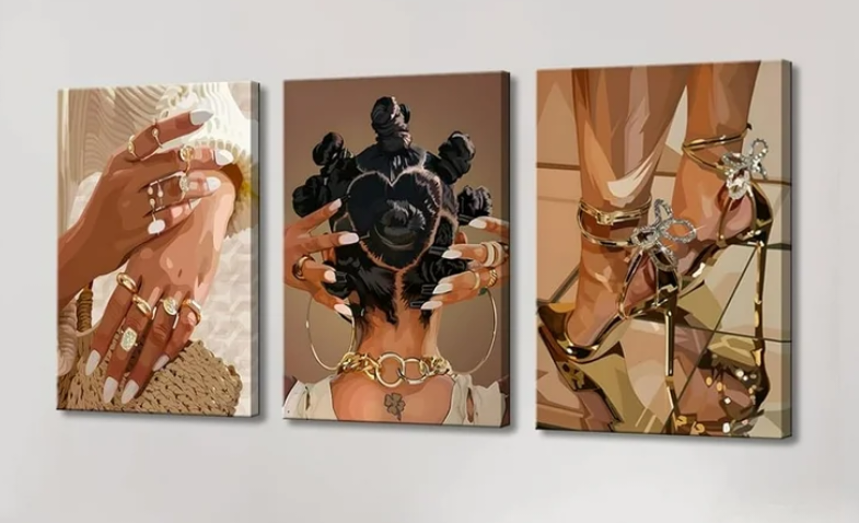 Black Woman Canvas Wall Art Set of 3 Fashion African American Black Female Wall Decor Pictures Black Girl Posters Prints for Living Room Bedroom Decoration 16x24in