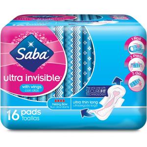 Saba, Ultra Invisible Heavy Flow Ultra Thin Long Pads with Wings, 16 Count