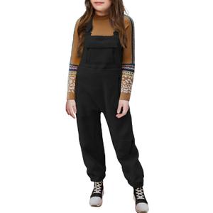 Girls Fleece Overalls Kids Warm Winter Loose Casual Jumpsuits with Pockets 5-14 Years (Black)