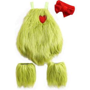 Toddler Baby Girl Christmas Costume Outfit Furry Sleeveless Romper Overalls Headband Leg Warmer Plush Xmas Clothes (0-6 Months, Green)