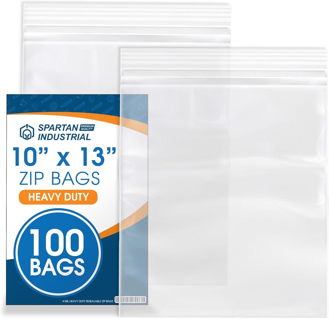 Spartan Industrial - 10 X 13 (100 Count) 4 Mil Thick Clear Reclosable Zip Plastic Poly Bags with Resealable Lock Seal Zipper - Heavy Duty and Durable