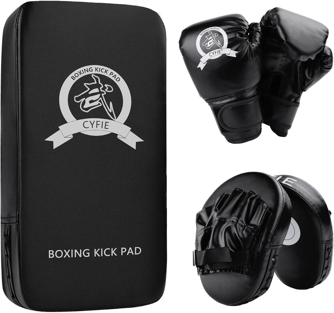 3-in-1 Boxing Equipment Punching Gloves Mitts Kick Pack Set for Kids Karate Mitts Pad for Beginners Arm Pad for Children Boxing Gloves for Muay Thai, Taekwondo, MMA Training, Gift for Kids Toddlers (Black)