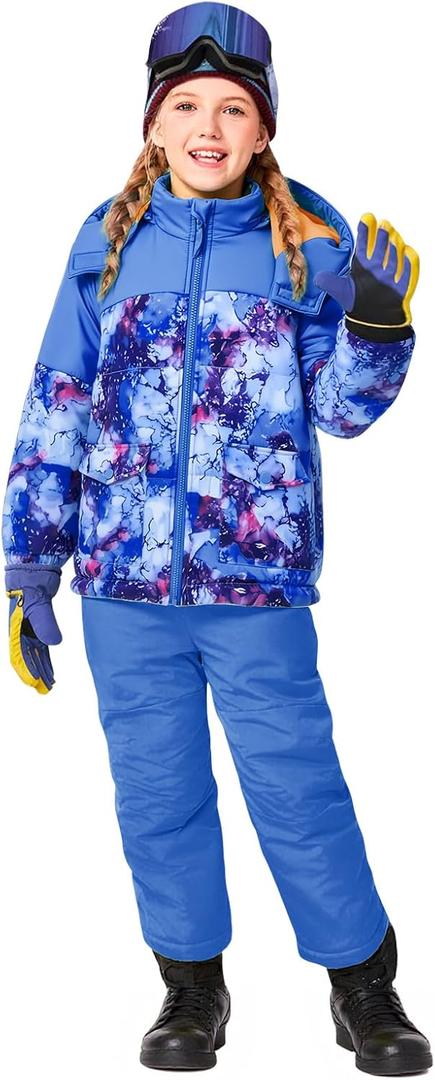 Haloumoning Girls 2 Piece Snowsuit Kids Waterproof Fleece Lined Ski Jacket and Snow Bibs Overalls Set 5-6 Years (Blue)