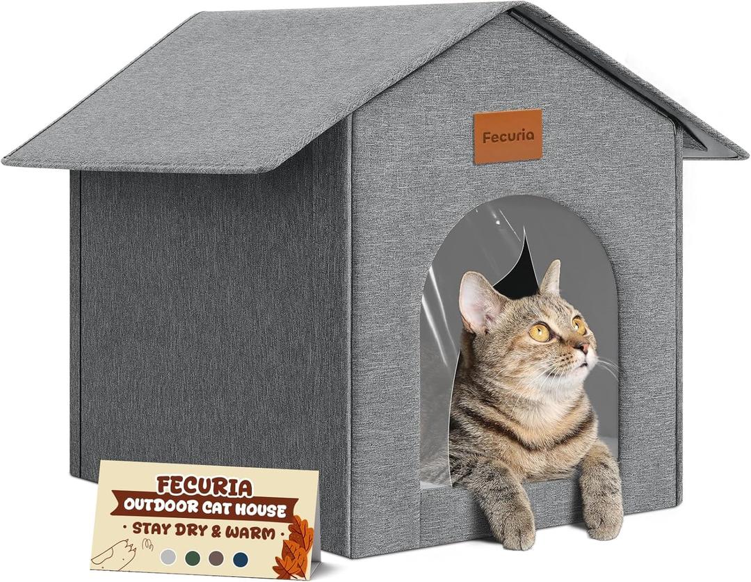 Outdoor Cat House Weatherproof, Insulated Cat Houses for Outdoor/Indoor Cats for Winter, Waterproof Feral Stray Cat Shelter with Door Curtain and Warm Cushion, Easy to Assemble, Grey