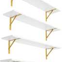 DINZI LVJ Long Wall Shelves, Set of 4, 31.5Inch Wall Mounted Shelves, Floating Shelves for Wall Storage with Metal Brackets, for Living Room, Bathroom, Bedroom, Kitchen, White and Gold