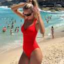 OQQ Women’s One Piece Swimsuit Tummy Control V Neck Twist Front Bathing Suit Cutout Full Coverage Slimming Swimwear (Red, L)