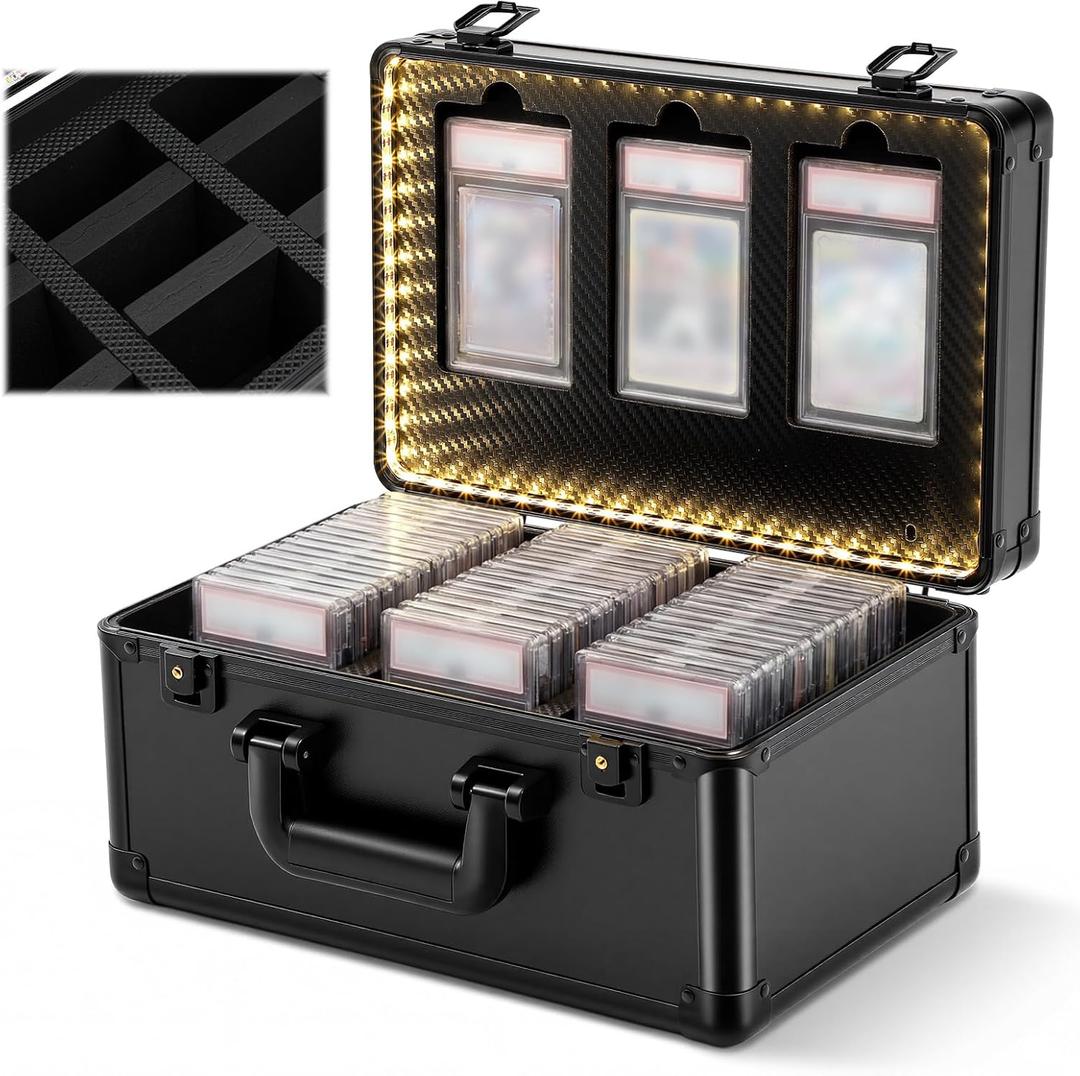 Wesiti Trading Card Storage Case with LED Display, Holds 100+ Graded Cards, Portable Card Display Case with Lock, Waterproof Hard Shell Organizer with 8 Adjustable Dividers for Baseball Sports Cards