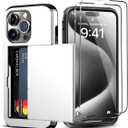 for iPhone 15 Pro Wallet Case with Card Holder + 2 Tempered Glass Screen Protector, Heavy Duty Protective Dual Layer Shockproof Hidden Card Slot Slim Case Women Men 6.1 inch (White)