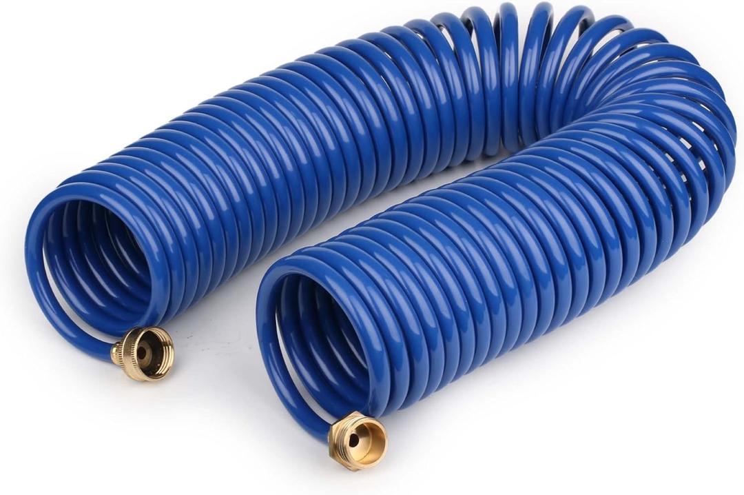 EVA Coil Garden Hose for Gardener: Retractable Self Coiling Hoses with 3/4" GHT Solid Brass Fittings - Kink Free and Flexible for Home and Garden Yard (50FT, Blue)