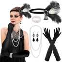 PLULON 1920s Flapper Great Gatsby Accessories Set Fashion Roaring 20's Theme Set (Black, White)