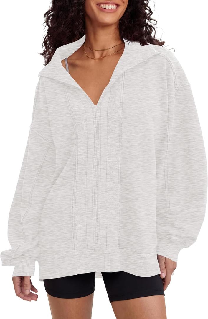 Locachy Women's Casual Oversized Sweatshirt V Neck Long Sleeve Pullover Tops Fashion Outfits Clothes (Medium, Light Grey)