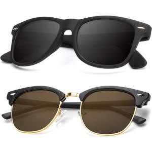 KALIYADI Polarized Sunglasses for Men and Women Semi-Rimless Frame Driving Sun glasses UV Blocking (B06-(2 Pack) Matte Black | Brown | Golden Rim / Matte Black)