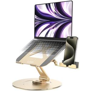 LOXP Ultra-Stable Aluminumy Laptop Stand for Desk with Foldable Phone Holder, 300% Large Base Stability, Anti-Loosening, Lectern Stand Suitable for 10"-17.3" Laptops, Champagne Golden