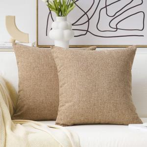 Home Brilliant Linen Throw Pillow Covers 18x18 Burlap Decorative Pillow Covers Farmhouse Throw Pillows for Couch Bench Sofa, Set of 2, 18 x 18 inch, Natural Linen
