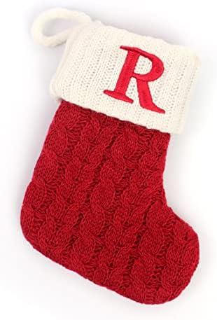 Christmas Stockings with Initials, 7.1 Inches Small Embroidered Letter Knit Red White Christmas Stocking for Family Holiday Decorations and Xmas Tree Fireplace (R)