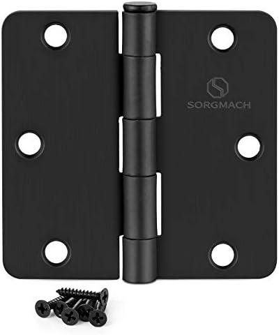 SORGMACH Door Hinges 3 1/2 Inch Matte Black 3.5 Inch Interior Hinges 1/4" Radius Iron Hinge 3 ½"x 3 ½" Door Hardware - 18 Pack