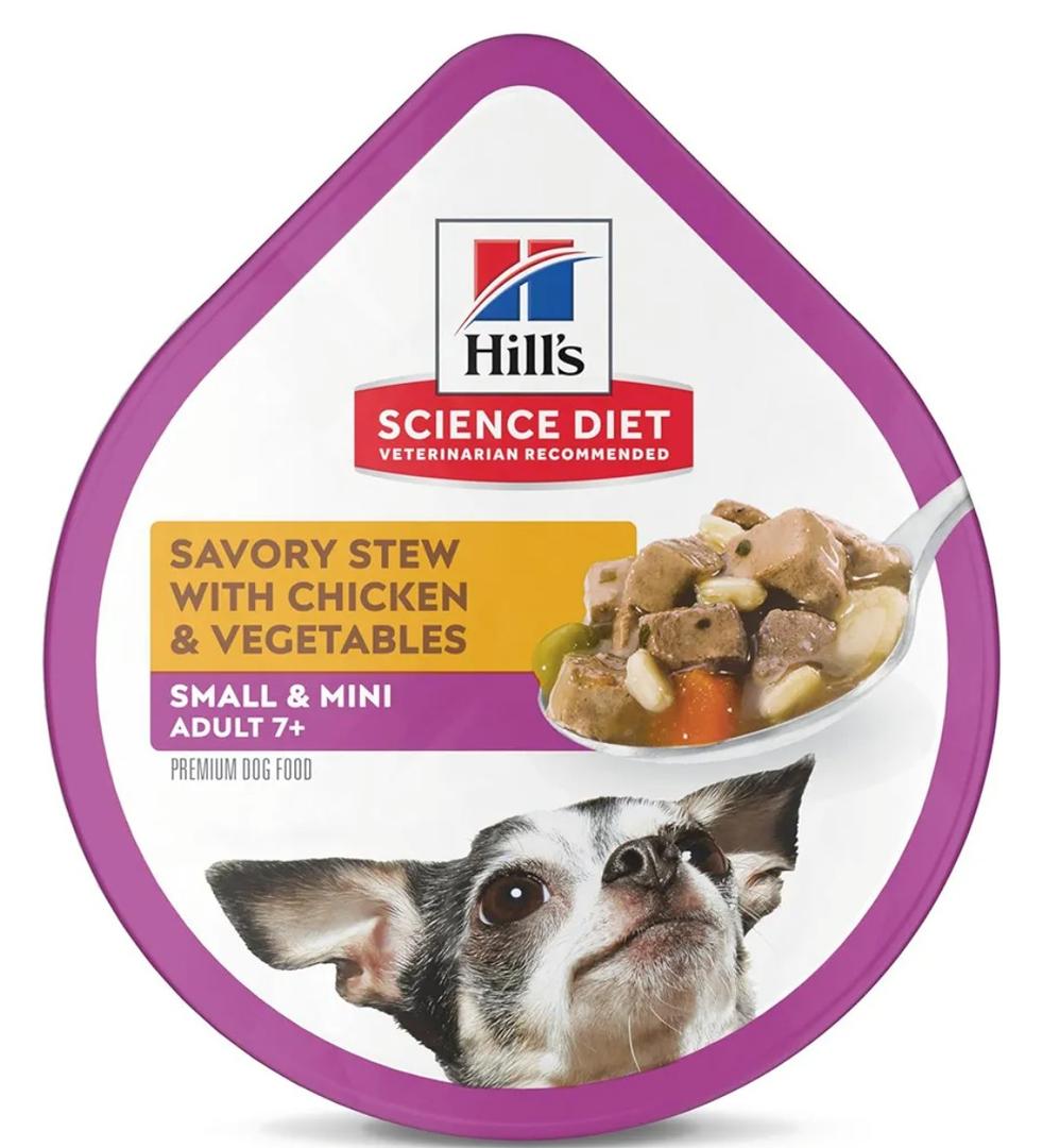 Hill's Science Diet Small & Mini, Senior Adult 7+, Small & Mini Breeds Senior Premium Nutrition, Wet Dog Food, Chicken & Vegetables Stew, 3.5 oz Tray, Case of 12