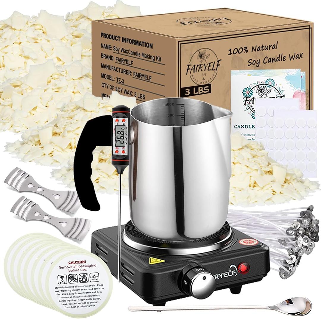 Soy Wax Candle Making Kit Supplies With Wax Melter, Natural Candle Wax for Candle Making - DIY Candles Making Supplies, Including 3lbs Soy Wax Flakes, Melting Pot, Electric Stove, Candle Wick