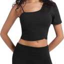 Crop Tops for Women Cute One Shoulder Tee Short Sleeve Going Out Shirts with Adjustable Strap and Playful Hem (Black, L)