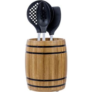 MyGift Wine Barrel Design Kitchen Utensil Crock, Light Brown Solid Bamboo Wood Cooking Tool Holder