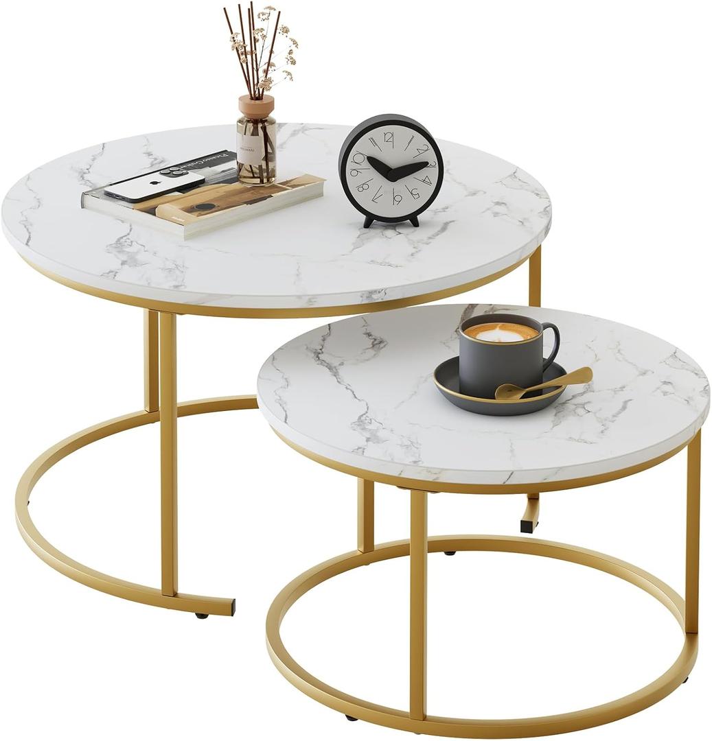 VILAWLENCE Nesting Coffee Table 31.5IN Set of 2, White Faux Marble Gold Steel Frame Circular and Round Large Wooden Tables 31in, Living Room Bedroom Apartment Modern Industrial Simple Nightstand (31.5 in White Marble)