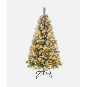 5 FT Artificial Christmas Tree Hinged w/ 200 Warm LED Lights & 126 Red Berries