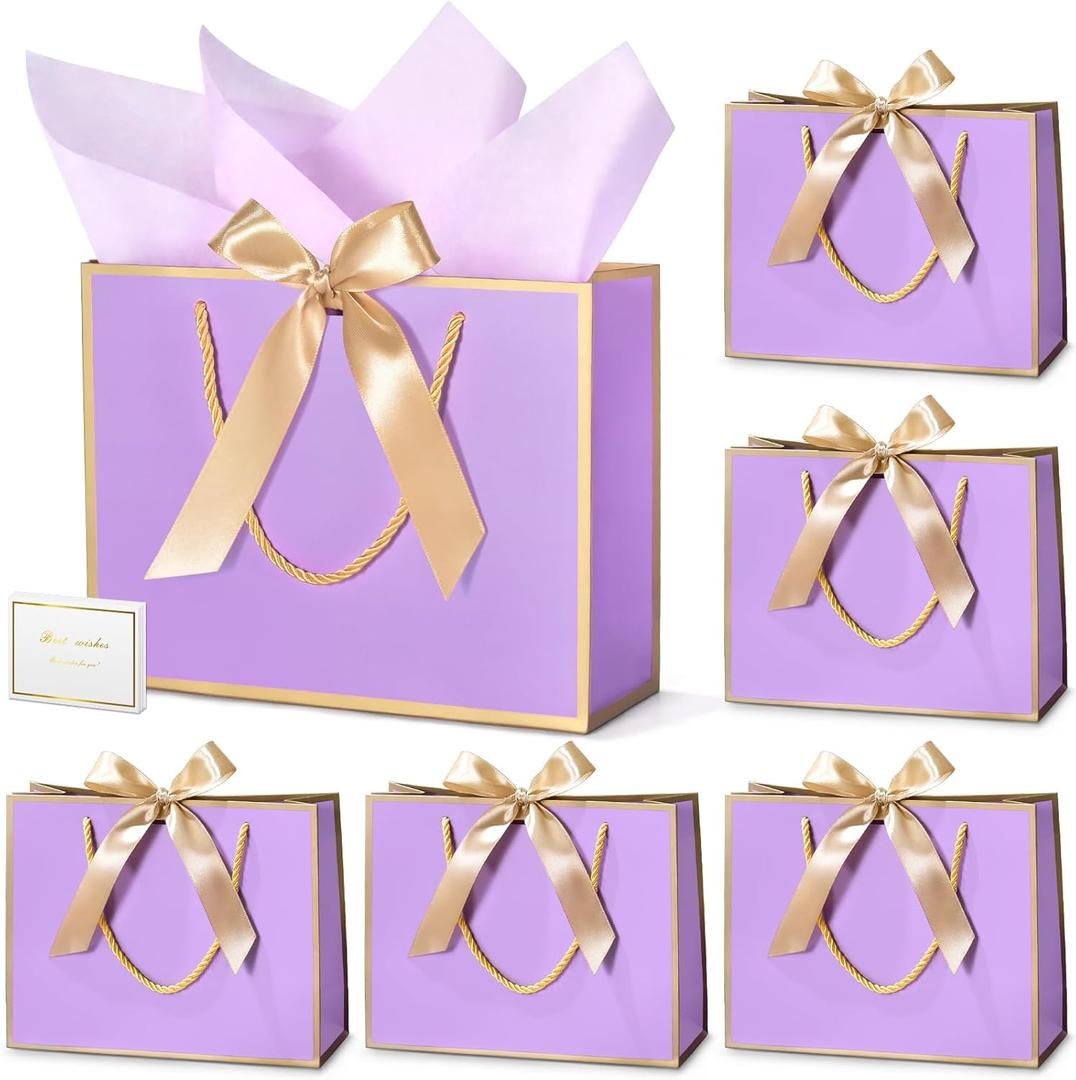 DOYIDE 30 Pcs Thank You Gift Bags with Tissue Paper, 9x7x3.1in Paper Gift Bags with Handles, Gift Wrap Bags with Bow Ribbon for Wedding Birthday Baby Shower Bridesmaid Party (Purple and Gold)