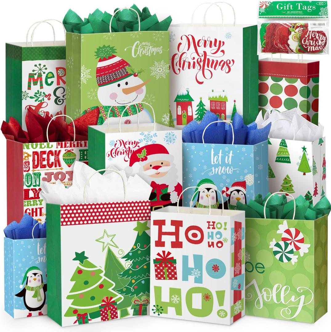 24 White Kraft Christmas Gift Bags Assorted Sizes with 60-Count Christmas Gift Tags(Bulk Set,6 XL,6 Large,6 Medium,6 Small)