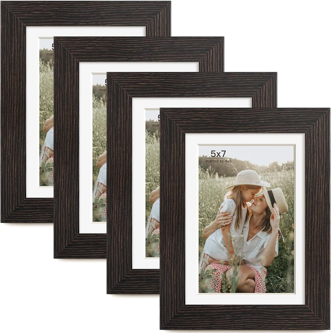 5x7 Picture Frame with Mat for 4x6, Distressed Black Wood Grain 5 x 7 Gallery Wall Picture Frames for Tabletop or Wall Mounting(4 Pack, Black) (5x7 - 4 pack)