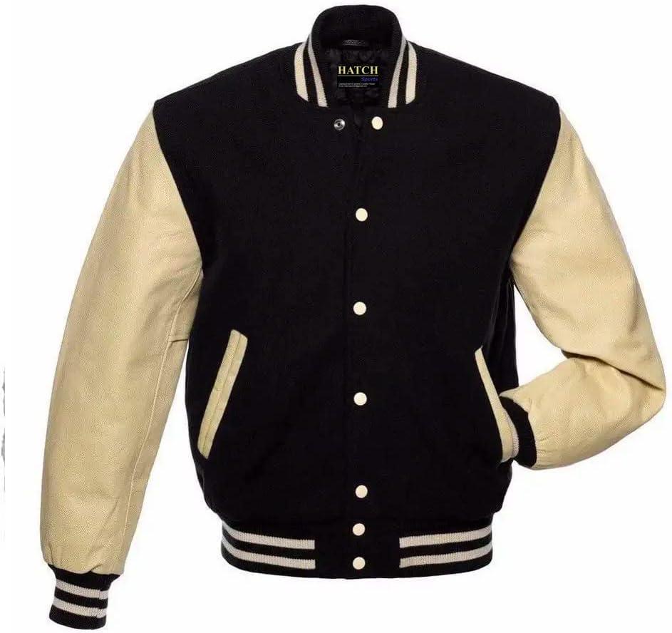 Men's Classic Varsity Letterman Jackets Genuine Leather Sleeve | Wool Blend Baseball College Jacket (X-Large, Black-cream)