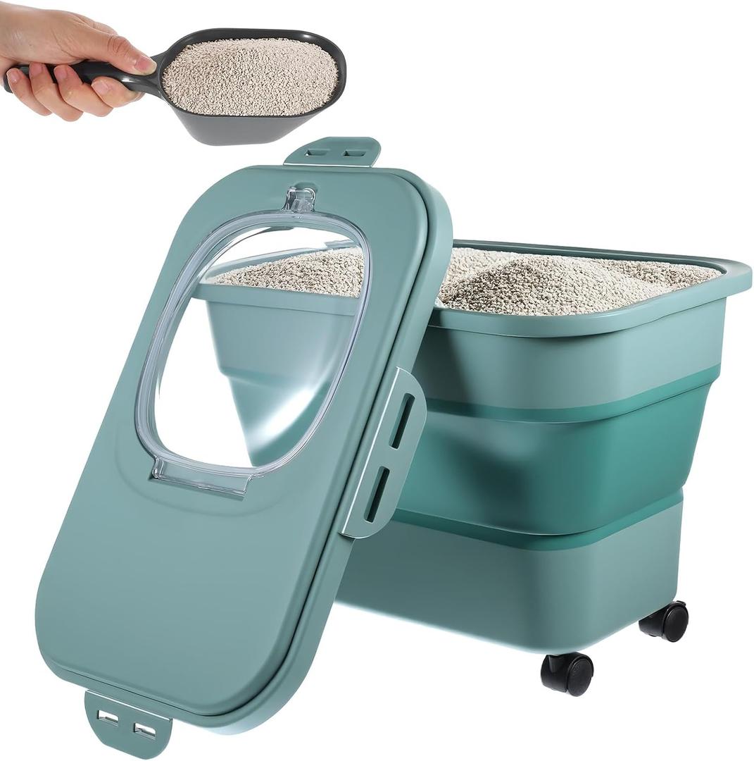Cat Litter Storage Bin Container with Airtight Lids, Portable Cat Litter Storage Container with Wheels, Kitchen Cereal Rice Leakproof Sealable (Green)