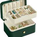 SONGMICS Jewelry Box, Travel Jewelry Case, 2-Layer Jewelry Holder Organizer, Portable Versatile Earring Storage, for Larger Accessories, Forest Green, Size: 4.6"D x 6.3"W x 3"H