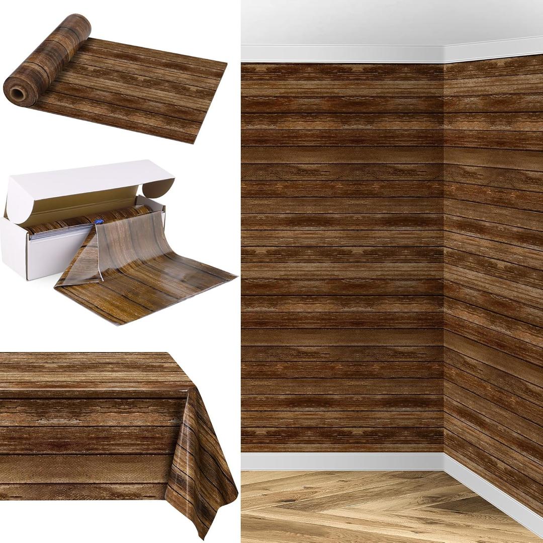 200 Ft x 54 Inch Wood Grain Tablecloth Roll in Slide Cutter Box Disposable Rustic Backdrop Vintage Table Cover Western Themed Bulletin Board Plastic Roll for Barn Birthday Classroom Decor