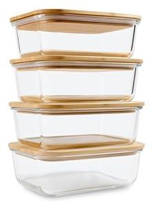 Glass Food Storage Containers with Bamboo Lids (4Pack, 36oz) Airtight, Leakproof, BPAFree Borosilicate Glass Meal Prep Containers – EcoFriendly, Oven/Microwave/Freezer SafePlasticFree & Reusable