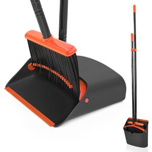 Broom and Dustpan Set for Home, JEHONN Long Handle Lightweight Indoor Broom Set Heavy Duty, Upright Standing Dust Pan with Comb Teeth Store Sweep Set for Room Kitchen Office Lobby (Black)