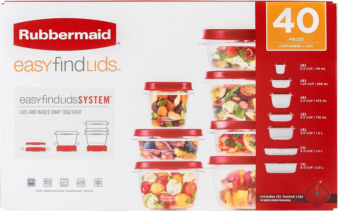 Rubbermaid Kitchen Storage Containers, 40-Piece Assortment with Microwave Vented Lids, Red