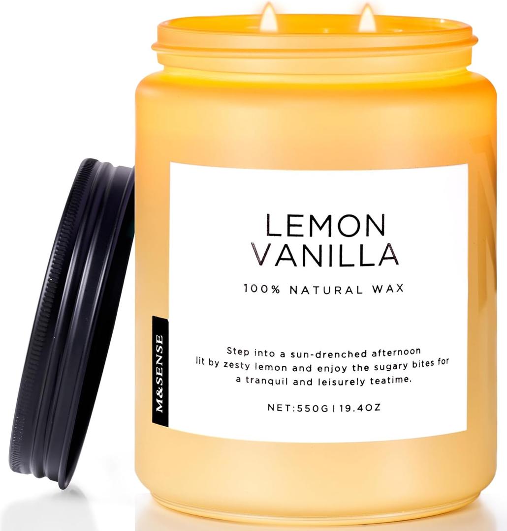 M&SENSE Lemon Vanilla Scented Candles, 19.4oz Organic Soy Wax, 110 Hours Long Lasting Slow Burn, Natural Candles Non Toxic, Fruity Scent Stress Relief Gifts for Women, Home Fragrance for Bath