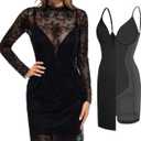 Popilush Lace Long Sleeve Dress - Shapewear Formal Mother of Bride Dresses Sheer Mesh Wedding Guest Mini Dress for Women (Medium, Black)