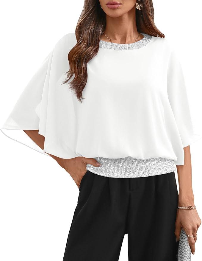 For G and PL Women's Summer Chiffon Shirt Sparkle Sequin Crewneck 3/4 Sleeve Dolman Top Blouses (Red)