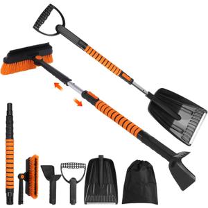 Extendable Ice Scraper and Snow Brush, 5 in 1 Emergency Snow Shovel Set, 180 Pivoting Brush Head, Foam Grip Handle, Multi-Function Car Snow Removal Kit for Cars, Trucks, Winter Travel