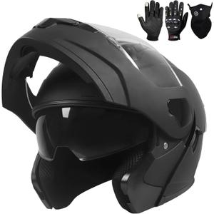 Adult Modular Motorcycle Helmets, DOT Approved Flip up Dual Visor Full Face Helmet for Men Women Moto ATV UTV Snowmobile ADV Four Wheeler Street Bike with Gloves & Mask (X-Large, Black)