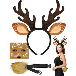 U-Goforst Deer Costume Adult Women, Deer Antlers Headband Tail Face Sticker, Reindeer Antlers, Halloween Deer Ears Reindeer Costume Accessories